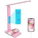 Desk Lamp with Wireless Charger，USB Charging Port, Dimmable Office Desk Light with Clock, Alarm, Date, Temperature, Foldable Lamp for Table Bedroom Bedside Office (Pink, Standard Size-13.3 inch)