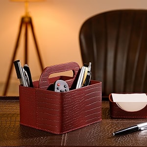 desk organiser for study table office  remote holder stand for table office desk  ac fan tv 4 slots remote organiser with handle for bed living room recycle leather maroon