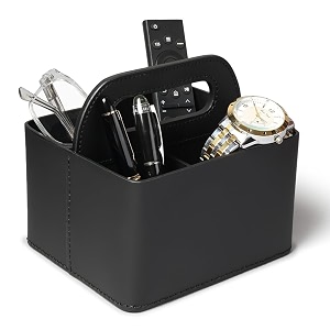 desk organiser for study table office  remote holder stand for table office desk  ac fan tv 4 slots remote organiser with handle for bed living room recycle leather classic black