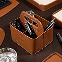 Desk Organiser for Study Table Office | Remote Holder Stand for Table Office Desk | AC Fan TV 4 Slots Remote Organiser with Handle for Bed, Living Room, Recycle Leather, Tan