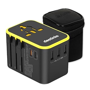 destinio universal charger adapter - 6-in-1 fast charging international travel adapter with pd type c amp 3 usb ports - all-in-one for us uk europe 