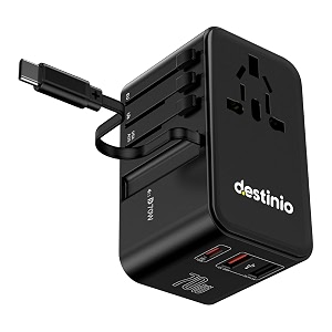 destinio 70w universal travel adapter with built-in type-c cable  all-in-one gan international charger for worldwide fast charging pd 70w type-c 70w amp 2 usb-a ports 30w for us uk canada europe