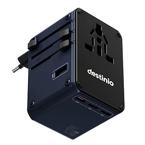 destinio universal travel adapter - 6-in-1 fast charging international charger with pd type c amp 3 usb ports - all-in-one for us uk europe 45w