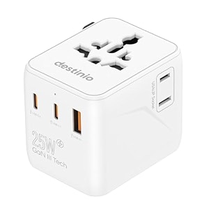 destinio universal travel adapter - 6-in-1 fast charging international charger with pd type c amp 3 usb ports - all-in-one for us uk europe 25w 