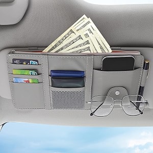 detachi car sun visor organizer multi-function car space with multi-pocket net zipper car storage organizer and sunglass holder pu leather for car grey