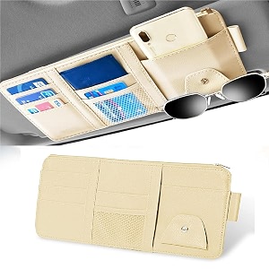 detachi car sun visor organizer multi-function car space with multi-pocket net zipper car storage organizer and sunglass holder pu leather for car beige automobiles