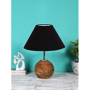 devansh black cotton with natural wood table lamp