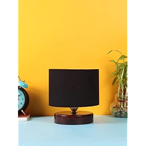 devansh black cotton table lamp with wood brown base