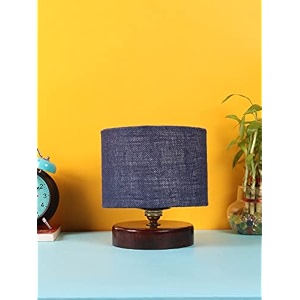 devansh blue jute table lamp with wood brown base