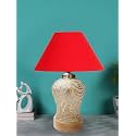 Devansh Conical Red Cotton Shade Lamp with Wood &amp; MosaicGlass Base for Decoration/Office/Home/Gifting/Study for Decoration/Office/Home/Gifting/Study -(10x10x14.5) Inches -C