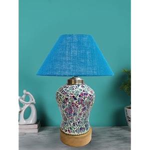 devansh conical turquoise jute shade lamp with wood amp mosaic glass base for decorationofficehomegiftingstudy for decorationofficehomegiftingstudy -10x10x145 inches -