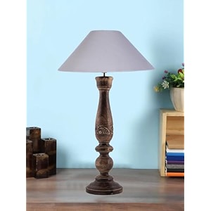 devansh coolie grey cotton shade lamp with wood base for decorationofficehomegiftingstudy for officehomegifting -13x13x21 inches -