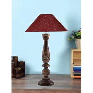 devansh coolie maroon jute shade lamp with wood base for decorationofficehomegiftingstudy for officehomegifting -13x13x21 inches -