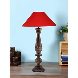 devansh coolie red cotton shade lamp with wood base for decorationofficehomegiftingstudy for officehomegifting -13x13x21 inches -
