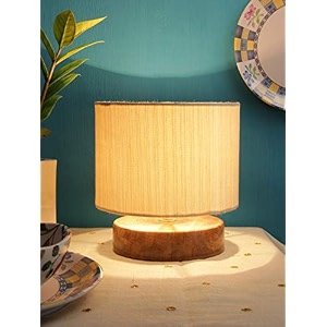 devansh off white cotton shade lamp with natural wood basefor decorationofficehomegiftingstudy for decorationofficehomegiftingstudy -7x7x7 inches -