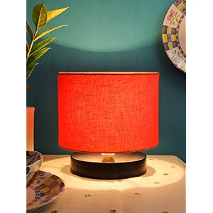 devansh orange cotton shade lamp with black wood base for decorationofficehomegiftingstudy for officehomegifting -7x7x7 inches -