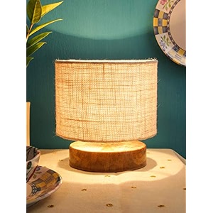 devansh white jute shade lamp with natural wood base for decorationofficehomegiftingstudy for officehomegifting -7x7x7 inches -