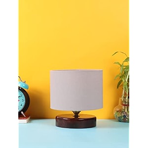 devansh grey cotton table lamp with wood brown base