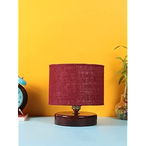 devansh maroon jute table lamp with wood brown base