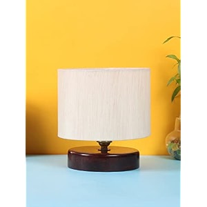 devansh off-white cotton table lamp with wood brown base