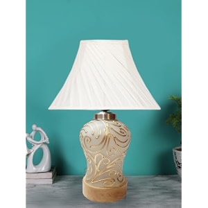 devansh off-white cross pleated cotton shade lamp with wood amp mosaic glass base for decorationofficehomegiftingstudy for officehomegifting -12x12x16 inches -o