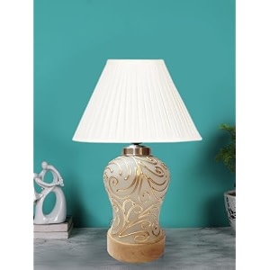 devansh off-white knife pleated cotton shade lamp with wood amp mosaic glass base for decorationofficehomegiftingstudy for officehomegifting -12x12x16 inches -
