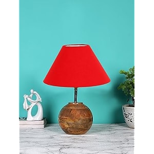 devansh red cotton with natural wood table lamp