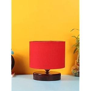 devansh red cotton table lamp with wood brown base