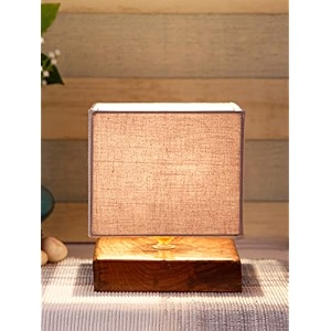 devansh square grey cotton shade table lamp with wood base