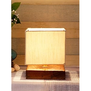 devansh square off white cotton shade table lamp with wood base