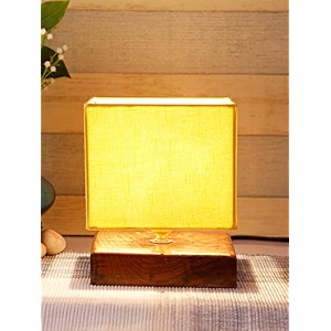 devansh square yellow cotton shade table lamp with wood base