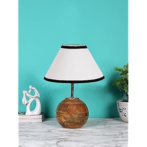 devansh white amp black cotton with natural wood table lamp