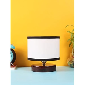 devansh white amp black cotton table lamp with wood brown base