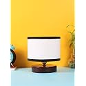 Devansh White &amp; Black Cotton Table lamp with Wood Brown Base