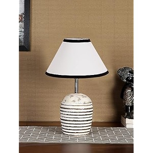devansh white amp black cotton with white brushed wood table led lamp