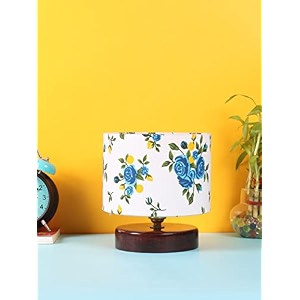 devansh white amp blue print table lamp with wood brown base