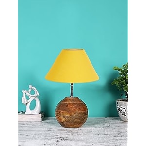 devansh yellow cotton with natural wood table lamp