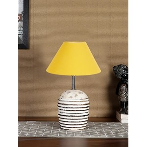 devansh yellow cotton with white brushed wood fluorescent table lamp