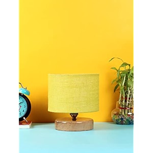 devansh yellow jute shade lamp with natural wood base for decorationofficehomegiftingstudy for officehomegifting -7x7x7 inches -