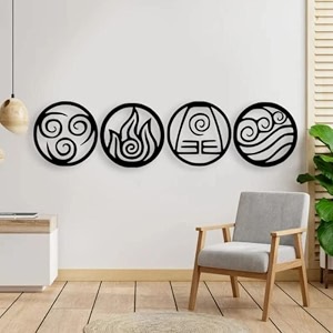 device of mm four elements water tribe earth kingdom fire nation air nomads wall hanging art black designed wood black decoration contemporary home bedroom living room office 8 inch