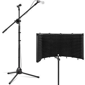 device of urban infotech dual microphone stand with 5 panel isolation shield vocal reflection filter for mic with 2 mic clip holder mic stand condenser microphone stand for singing amp studio recording