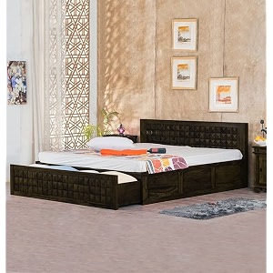 kingdom king size bed with storage drawer front open dual storage - wooden bed with storage box - double bed furniture for bedroom - walnut finish