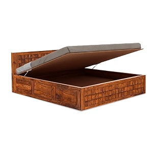 kingdom king size bed with hydraulic storage for bedroom - solid wood double bed with storage - natural finish