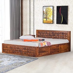 kingdom sheesham wood queen size bed with storage for bedroom - wooden cot queen size bed with box storage wood double bed for bedroom furniture - natural finish