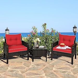 devoko 3 piece patio furniture hdpe rattan wicker chair and table conversation set for garden balcony backyard poolside dark brown amp red 26 x 25 x 30inch