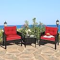 DEVOKO 3 Piece Patio Furniture HDPE Rattan Wicker Chair And Table Conversation Set For Garden, Balcony, Backyard, Poolside (Dark Brown &amp; Red), (26 X 25 X 30Inch)