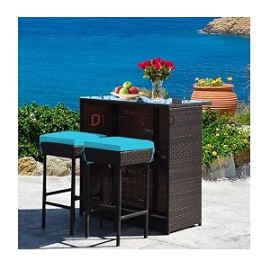 devoko 3 pieces wicker bar table set outdoor bar set patio furniture glass bar and two stools with cushions for patios backyards porches gardens or poolside darkbrown amp skyblue