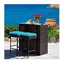DEVOKO 3 Pieces Wicker Bar Table Set Outdoor Bar Set Patio Furniture Glass Bar and Two Stools with Cushions for Patios, Backyards, Porches, Gardens or Poolside (Darkbrown & SkyBlue)