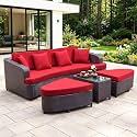 DEVOKO 4-Piece Dark Brown Wicker Patio Conversation Daybed Set with Red Cushions Ottomans & Coffee Table for Backyard, Lawn, Porch, Pool, Terrace, Garden