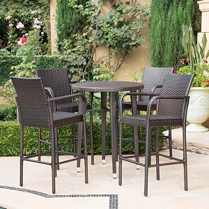 devoko 5-piece outdoor wicker patio bar set for backyard porch poolside garden lawn - dark brown wicker round bar table with chairs